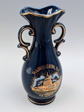 Vintage Cobalt Blue Washington D.C. Souvenir Vase | U.S. Capitol Building Graphi